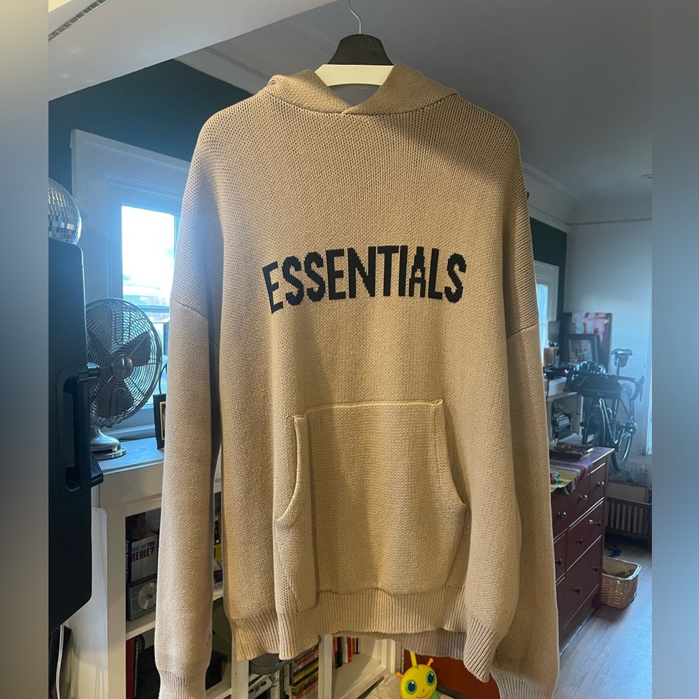 Essentials Beige Knit Hoodie with Black Logo